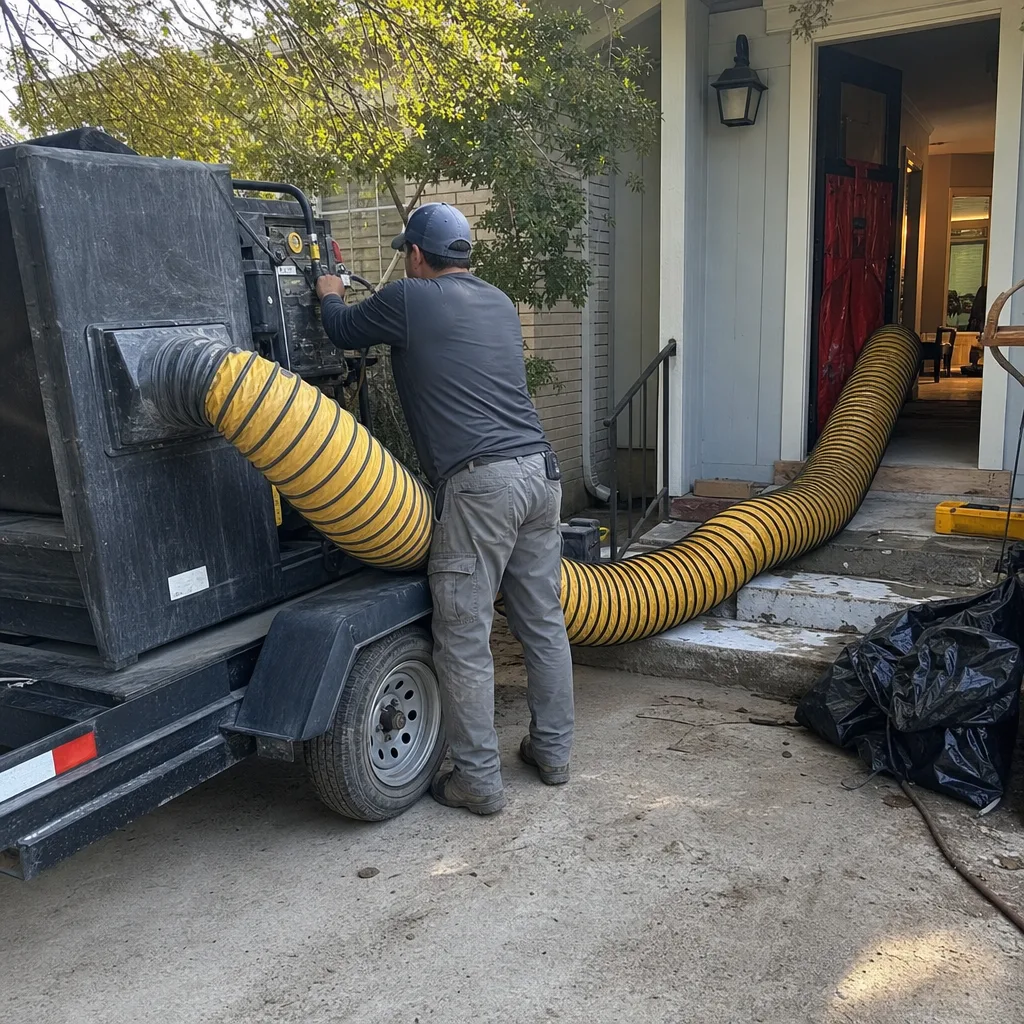 Professional technician using industrial air duct cleaning equipment at a residence
