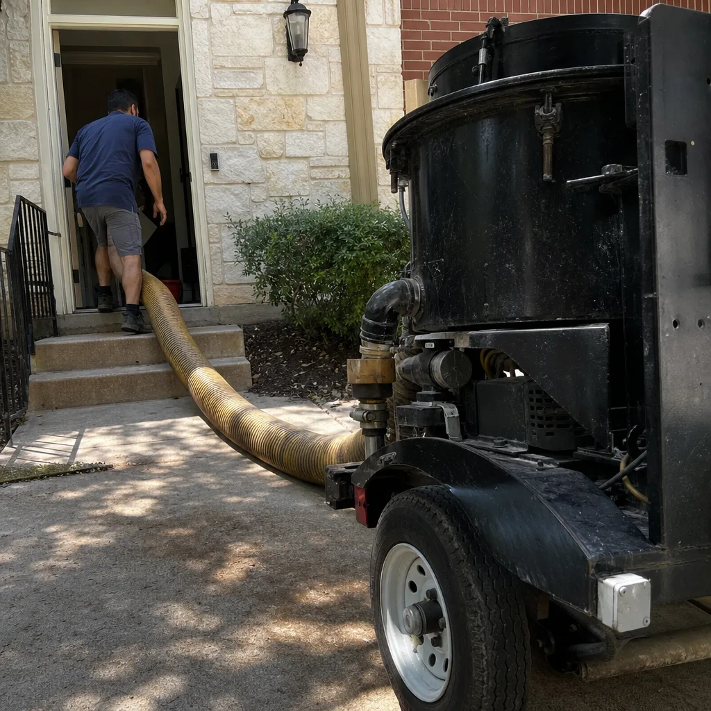 Technician using a vacuum hose for professional air duct cleaning services.