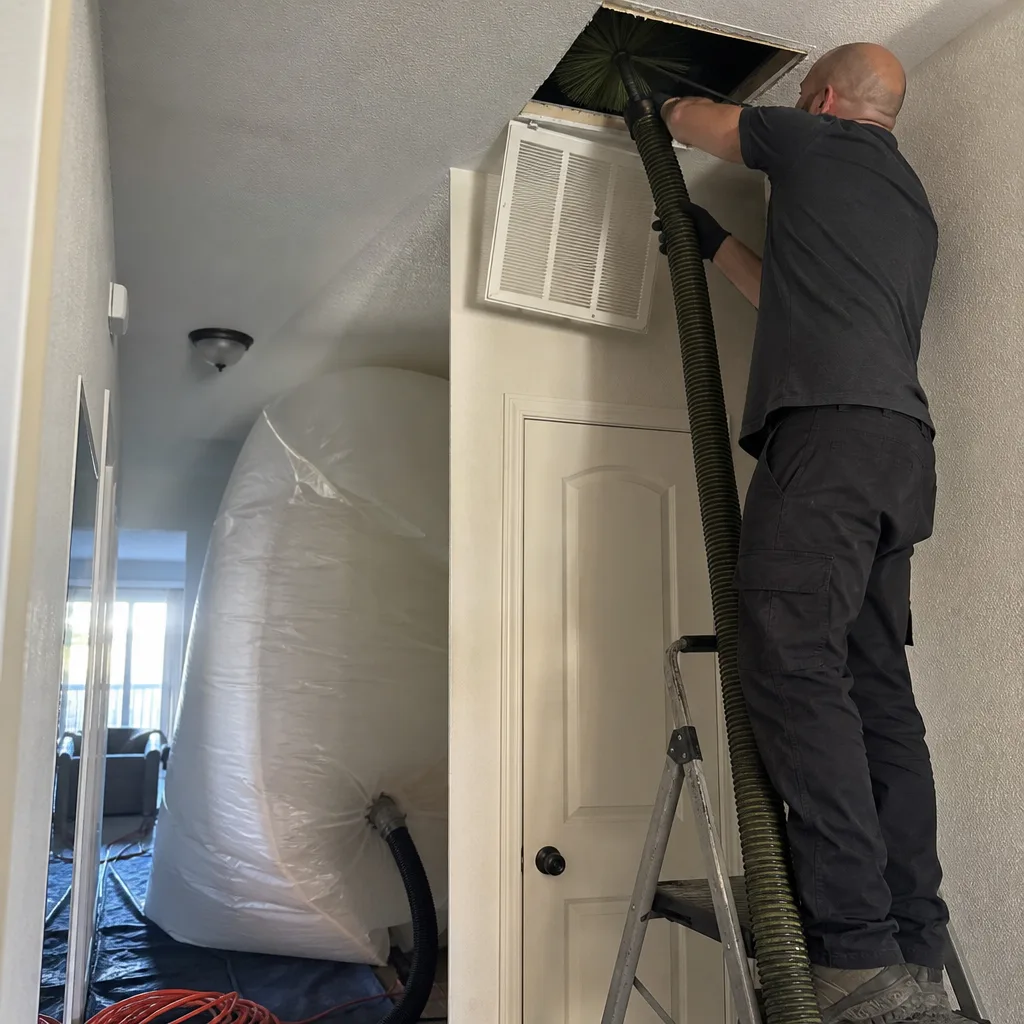 Technician performing professional air duct cleaning service with specialized vacuum equipment