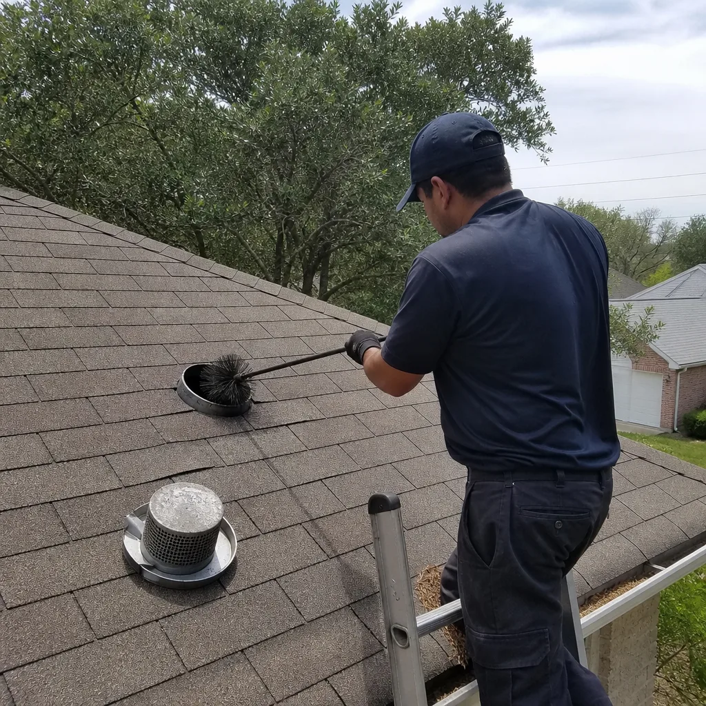Professional technician performing residential dryer vent cleaning on a rooftop