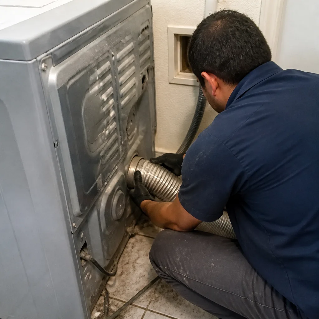 Technician performing professional dryer vent cleaning and hose maintenance